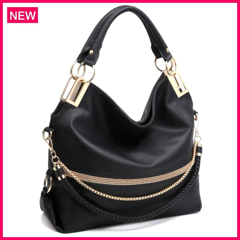 Large Vegan Leather Hobo Bag with Rhinestone Accents, Tote Purse